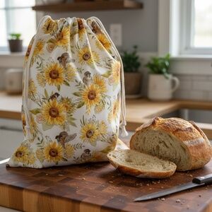 Yellow Sunflower & Wren Cotton Bread Bag, Nature Breathable Linen Bread Storage